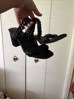 Braided Strap Black Block Heel Sandals